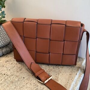 Sondra Robert’s Squared Brown Woven Leather Crossbody Bag